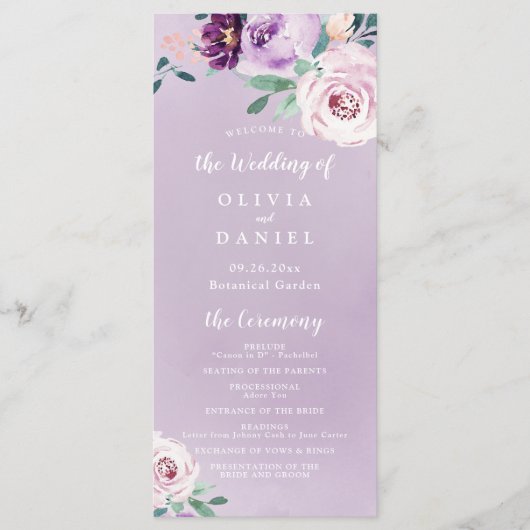 Bloeiende botanische paarse bloemenbruiloft progra menu (Voorkant)