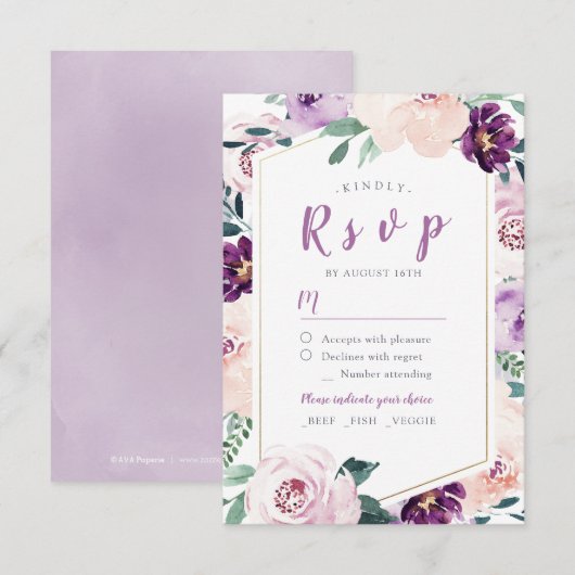 Bloeiende botanische paarse bloemenbruiloft RSVP (Voorkant / Achterkant)