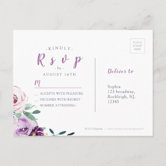 Bloeiende botanische paarse bloemenbruiloft RSVP Uitnodiging Briefkaart (Achterkant)