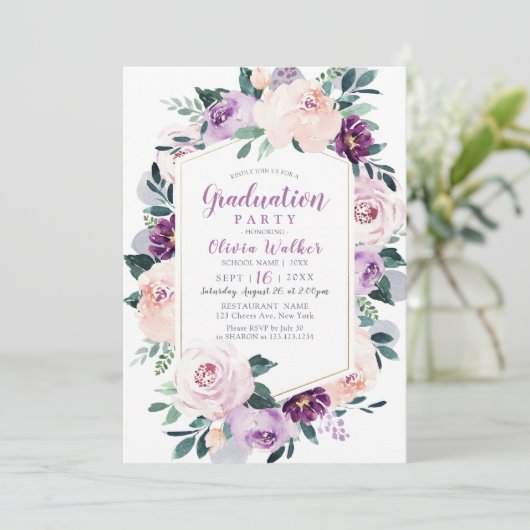 Bloeiende botanische paarse bloemige afstudeerfees kaart (Staand voorkant)