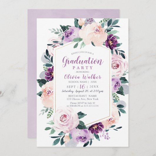Bloeiende botanische paarse bloemige afstudeerfees kaart (Voorkant / Achterkant)