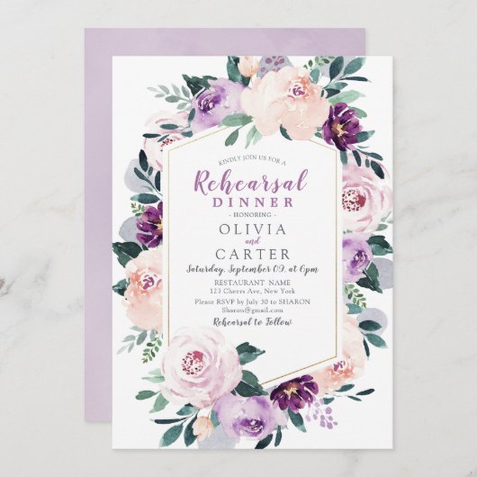 Bloeiende botanische paarse bruiloft repetitie din kaart (Voorkant / Achterkant)
