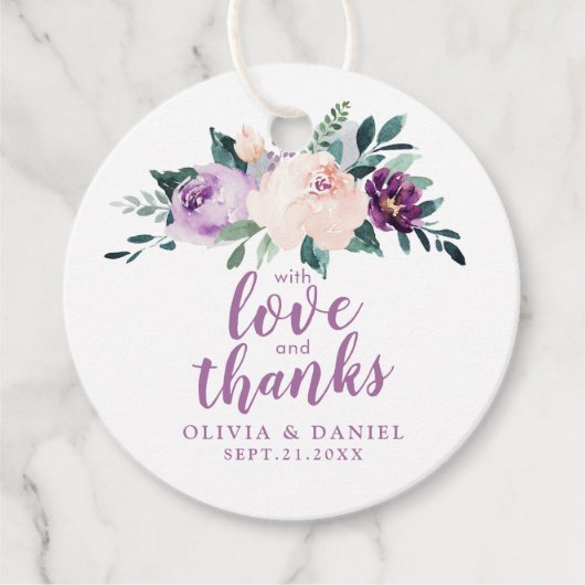 Bloeiende botanische paarse met liefde en dank bedankjes labels (Voorkant)