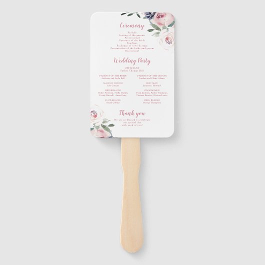Bloeiende botanische roze bloemenbruiloft programm handwaaier (Achterkant)