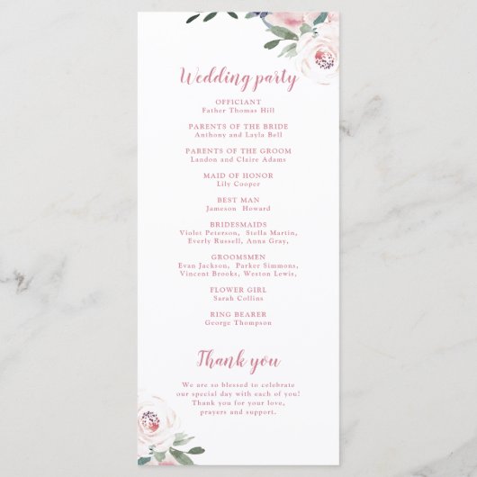 Bloeiende botanische roze bloemenbruiloft programm menu (Achterkant)