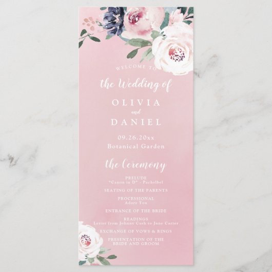 Bloeiende botanische roze bloemenbruiloft programm menu (Voorkant)