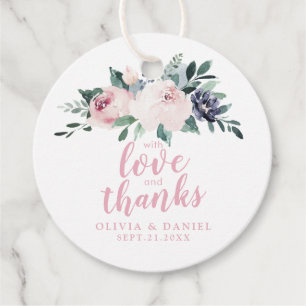 Bloeiende botanische roze met liefde en dank bedankjes labels
