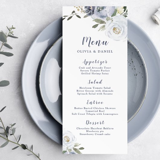 Bloeiende botanische stoffige blauwe bloemen bruil menu
