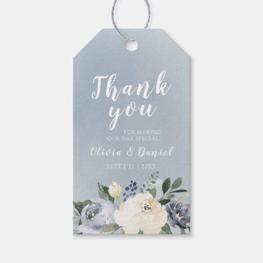 Bloeiende botanische stoffige blauwe bloemen dank  cadeaulabel (Voorkant)