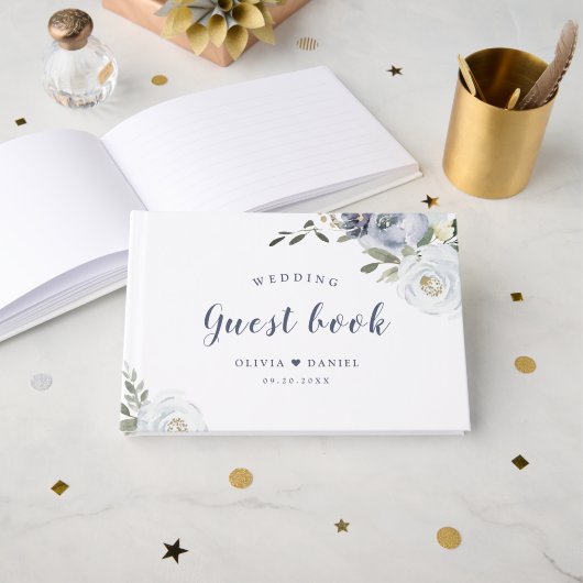 Bloeiende botanische stoffige blauwe bloemenbruilo gastenboek (Voorkant open)