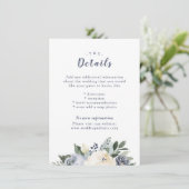 Bloeiende botanische stoffige blauwe bruiloft inse informatiekaartje (Staand voorkant)