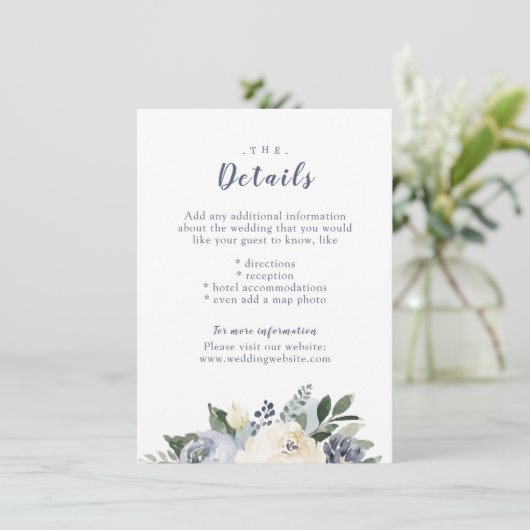 Bloeiende botanische stoffige blauwe bruiloft inse informatiekaartje (Staand voorkant)