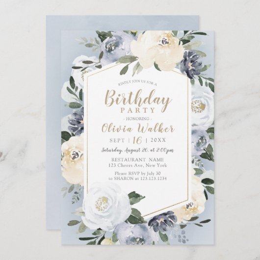 Bloeiende botanische stoffige blauwe verjaardagsfe kaart (Voorkant / Achterkant)