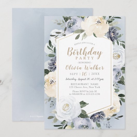 Bloeiende botanische stoffige blauwe verjaardagspa kaart (Voorkant / Achterkant)