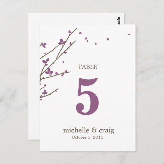 Bloeiende Branches Trouwtafel Nummer Kaart - Plum (Voorkant / Achterkant)