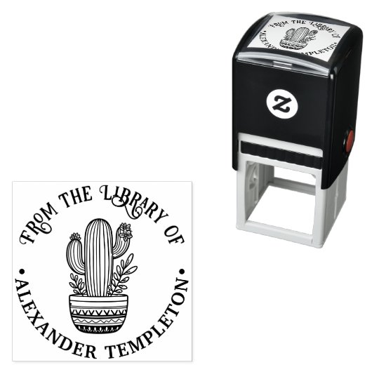 Bloeiende Cactus in Pot #1P Bibliotheek Boek Naam Zelfinktende Stempel (In situ)