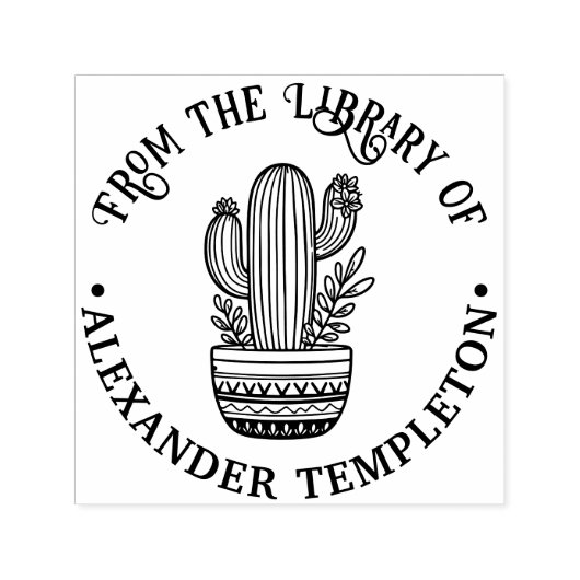 Bloeiende Cactus in Pot #1P Bibliotheek Boek Naam Zelfinktende Stempel (Design)