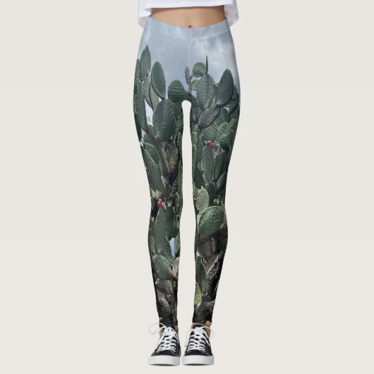 Bloeiende Cactus Mode Leggings groen blauw (Voorkant)