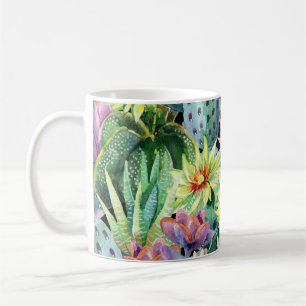 Bloeiende cactus, waterverf naadloos patroon. koffiemok