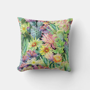 Bloeiende cactus, waterverf naadloos patroon. kussen