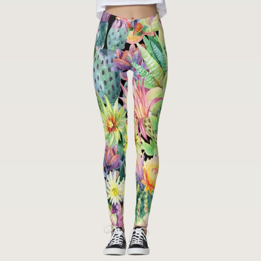 Bloeiende cactus, waterverf naadloos patroon. leggings (Voorkant)