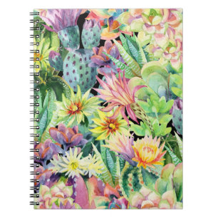 Bloeiende cactus, waterverf naadloos patroon. notitieboek