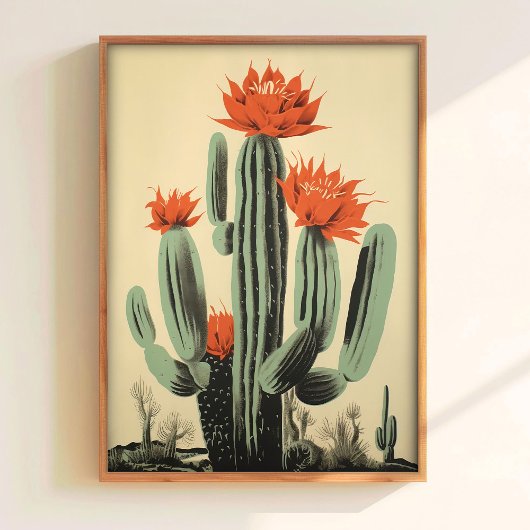 Bloeiende Cactusprint Retro Muurkunst Rode Bloem P Poster