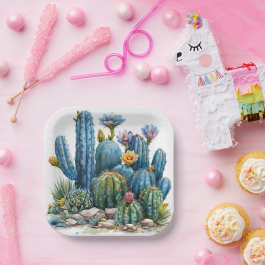 Bloeiende cactussen en vetplanten papieren bordje (Feest)