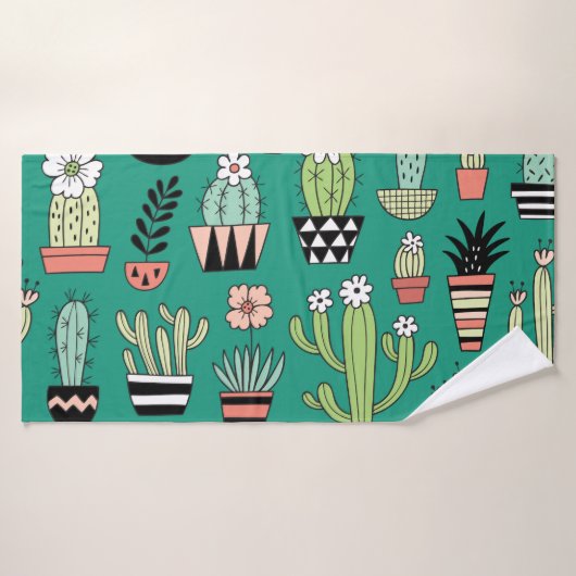 Bloeiende Cactussen Groene Achtergrond  Badhanddoek (Badhanddoek)