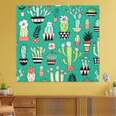Bloeiende Cactussen Groene Achtergrond Canvas Afdruk (Insitu (Woonkamer))