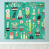 Bloeiende Cactussen Groene Achtergrond Canvas Afdruk (Insitu (Houten vloer))