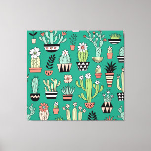 Bloeiende Cactussen Groene Achtergrond Canvas Afdruk