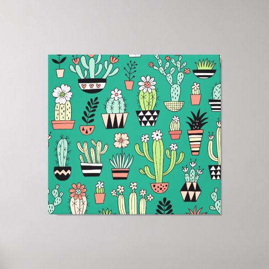 Bloeiende Cactussen Groene Achtergrond Canvas Afdruk (Voorkant)