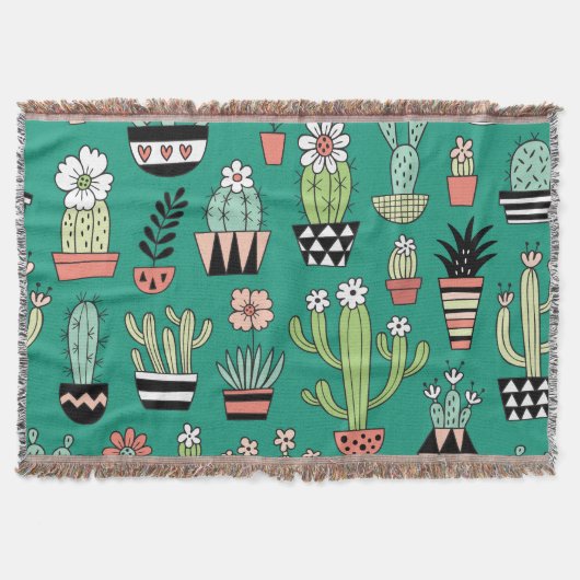 Bloeiende Cactussen Groene Achtergrond  Deken (Voorkant)