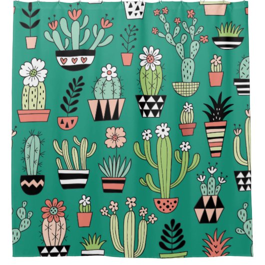 Bloeiende Cactussen Groene Achtergrond  Douchegordijn (Voorkant)