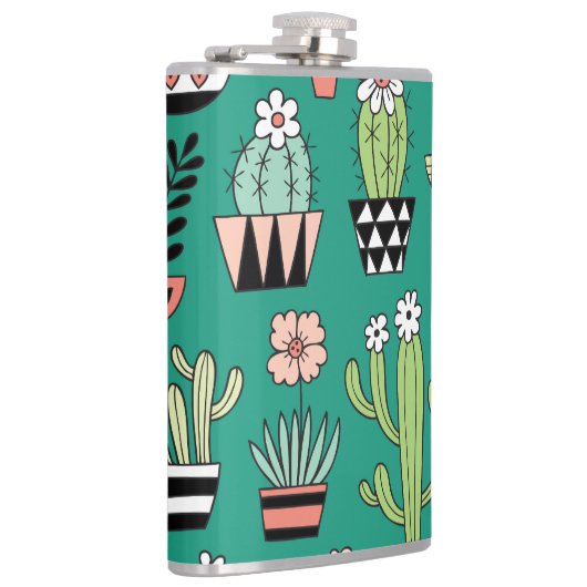 Bloeiende Cactussen Groene Achtergrond  Heupfles (Rechts)