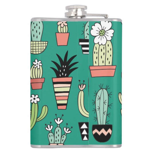 Bloeiende Cactussen Groene Achtergrond  Heupfles (Achterkant)