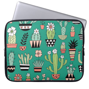 Bloeiende Cactussen Groene Achtergrond Laptop Sleeve