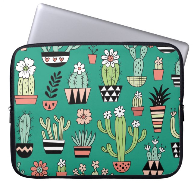 Bloeiende Cactussen Groene Achtergrond  Laptop Sleeve (Voorkant)