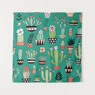 Bloeiende Cactussen Groene Achtergrond  Wandkleed