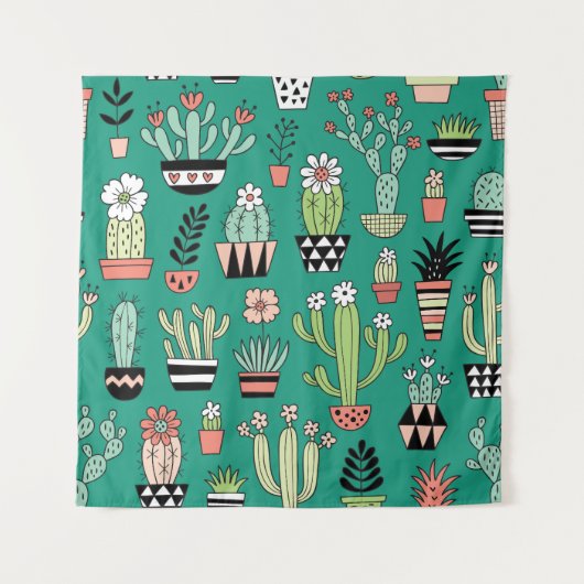 Bloeiende Cactussen Groene Achtergrond  Wandkleed (Voorkant)