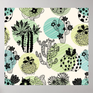 Bloeiende Cactussen: Hand-getrokken Naadloze Charm Poster