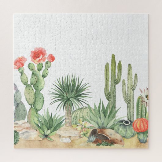 Bloeiende Cactussen Waterverf Rand Patroon Legpuzzel (Verticaal)