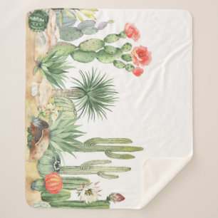 Bloeiende Cactussen Waterverf Rand Patroon Sherpa Deken