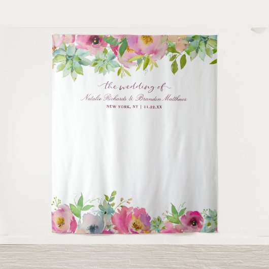 Bloeiende Chic Bloemen Bruiloft Foto Booth Achterg Wandkleed (Voorkant)