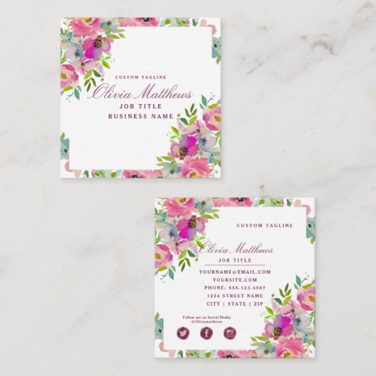 Bloeiende Chic Blush Roze Bloemen Ingelijste Vierk Vierkante Visitekaartje (Voorkant / Achterkant)