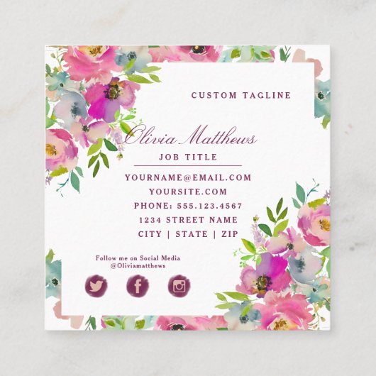 Bloeiende Chic Blush Roze Bloemen Ingelijste Vierk Vierkante Visitekaartje (Achterkant)