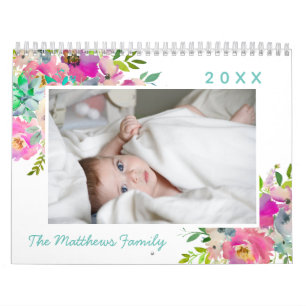 Bloeiende Chic Roze Bloemen Custom Familie Foto Kalender