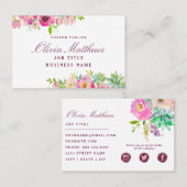 Bloeiende Chic Succulents Roze Waterverf Bloemen Visitekaartje (Voorkant / Achterkant)