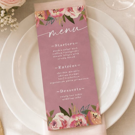 Bloeiende Chic Wilde Roos Roze Bruiloft Menu
